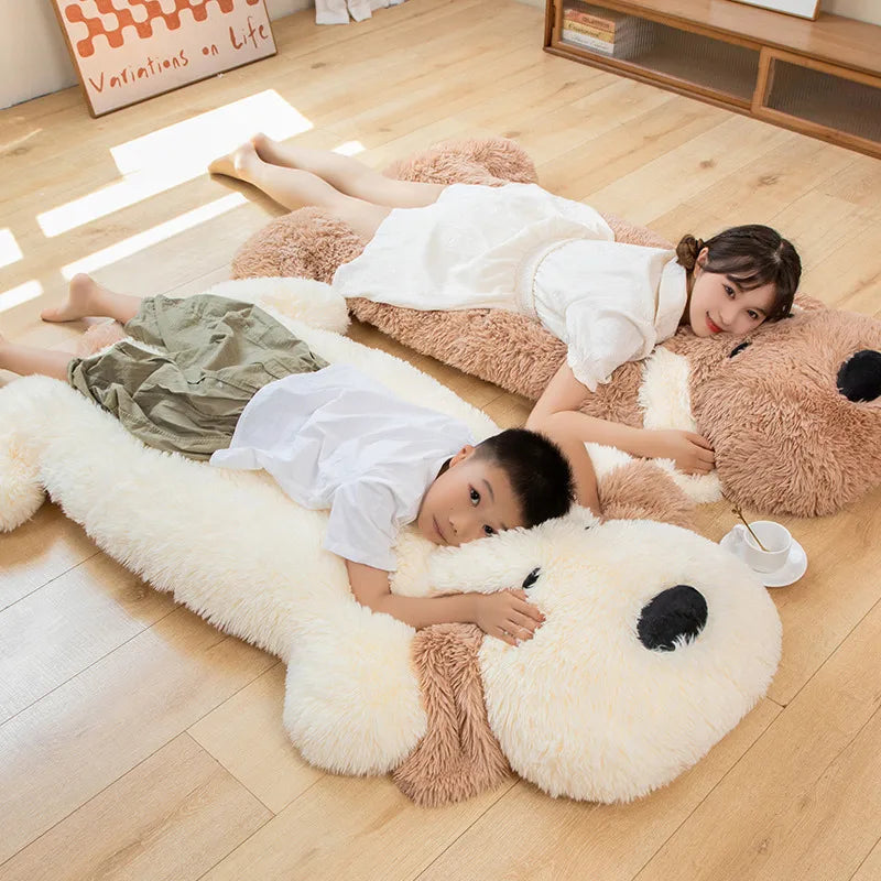 Brown plush puppy dog-shaped area rug with white muzzle and paws