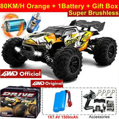 Orange and white 1:16 4x4 RC off-road truck with large black tread tires