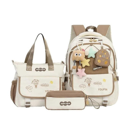 Khaki kids backpack set with plush charm, front pocket, and matching small zip pouch