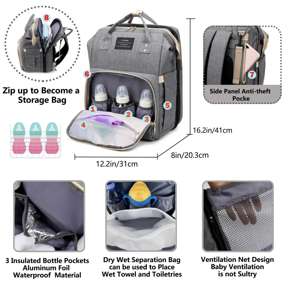 Gray diaper backpack with zip-top organizer, side pocket, and mesh ventilation window