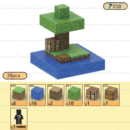 Magnetic building blocks set with green terrain and brown mine structure on blue base