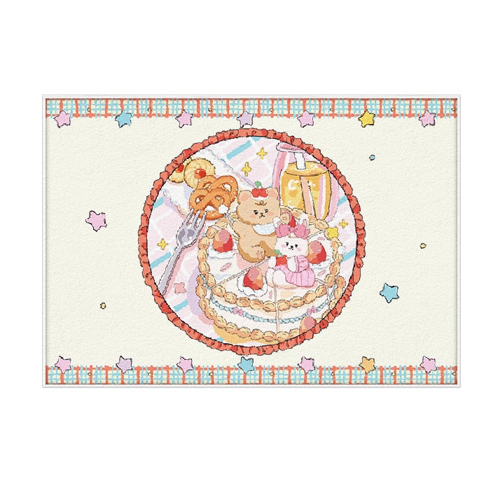 Cream plush area rug with circular girl-and-animal scene and star accents