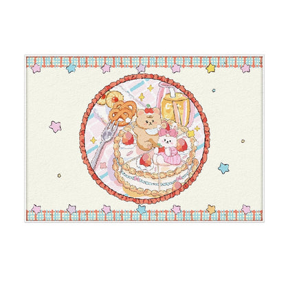 Cream plush area rug with circular girl-and-animal scene and star accents