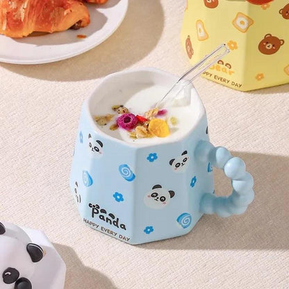 Blue Panda mug with 3D panda head lid and clear straw, 400ml
