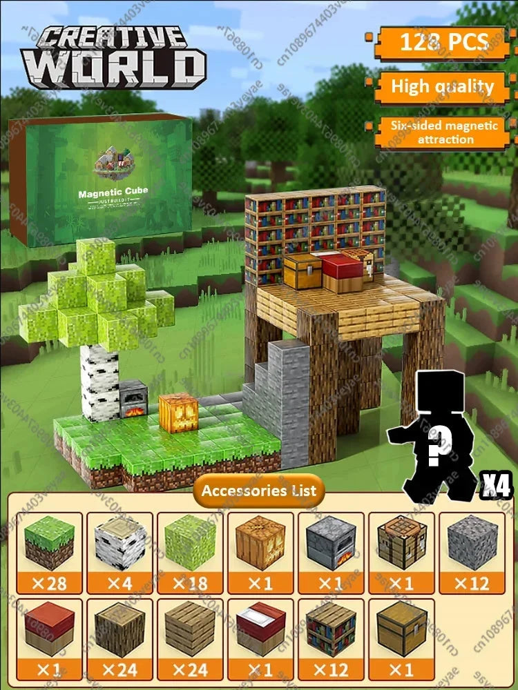 Magnetic cube building blocks set with model houses, trees, and platforms