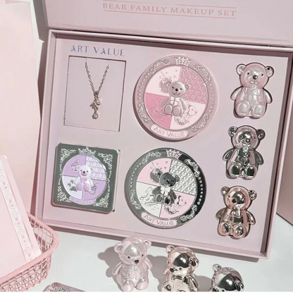Open bear-themed makeup gift set tray with necklace, compacts, and mini charms