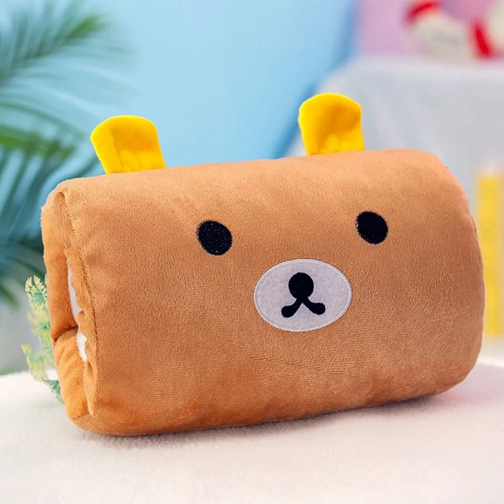 Plush hand warmer pillow, tan bear face with yellow ear tabs