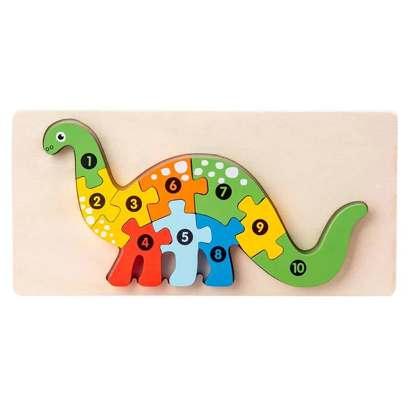 Green and multicolor wooden dinosaur 3D puzzle board with numbered pieces