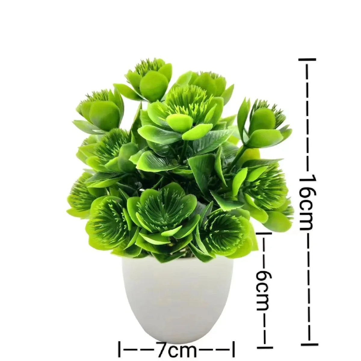 Artificial plant with lime green rosette-like leaves in a white plastic pot