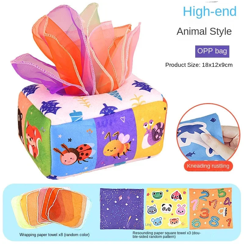 Animal-pattern Montessori sensory tissue box toy with multicolor fabric tissue cover