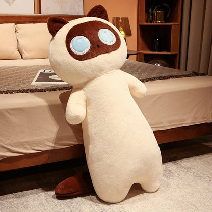 Cream cat plush body pillow with brown mask and blue eye patches