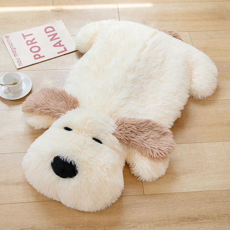 White plush puppy area rug with brown ear patches and black nose