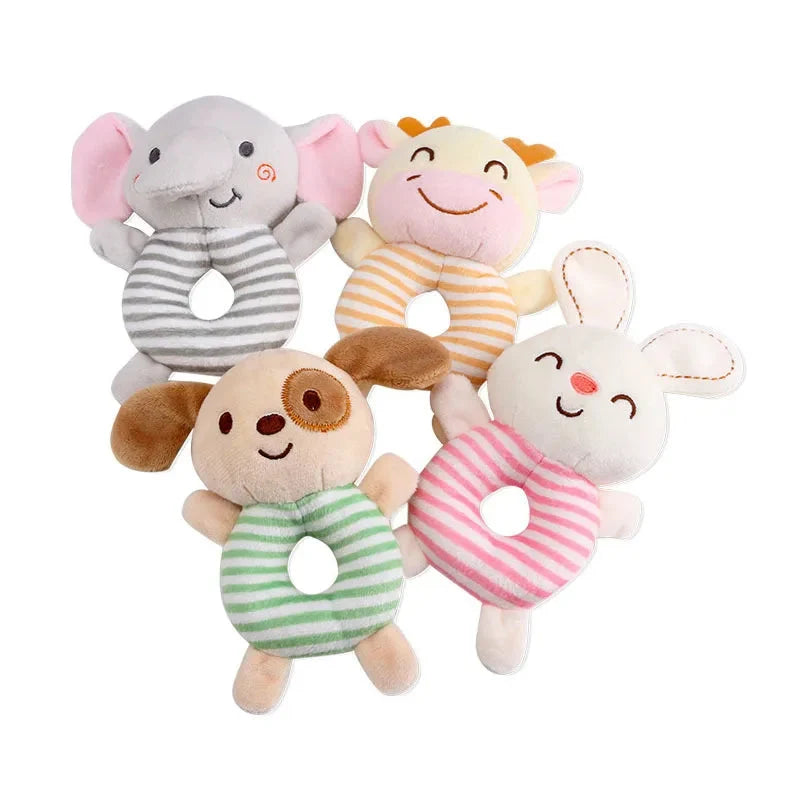 Set of four striped animal plush ring rattles with round crinkle rattle inserts