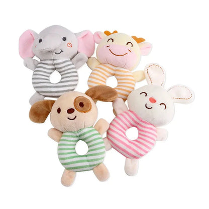 Set of four striped animal plush ring rattles with round crinkle rattle inserts