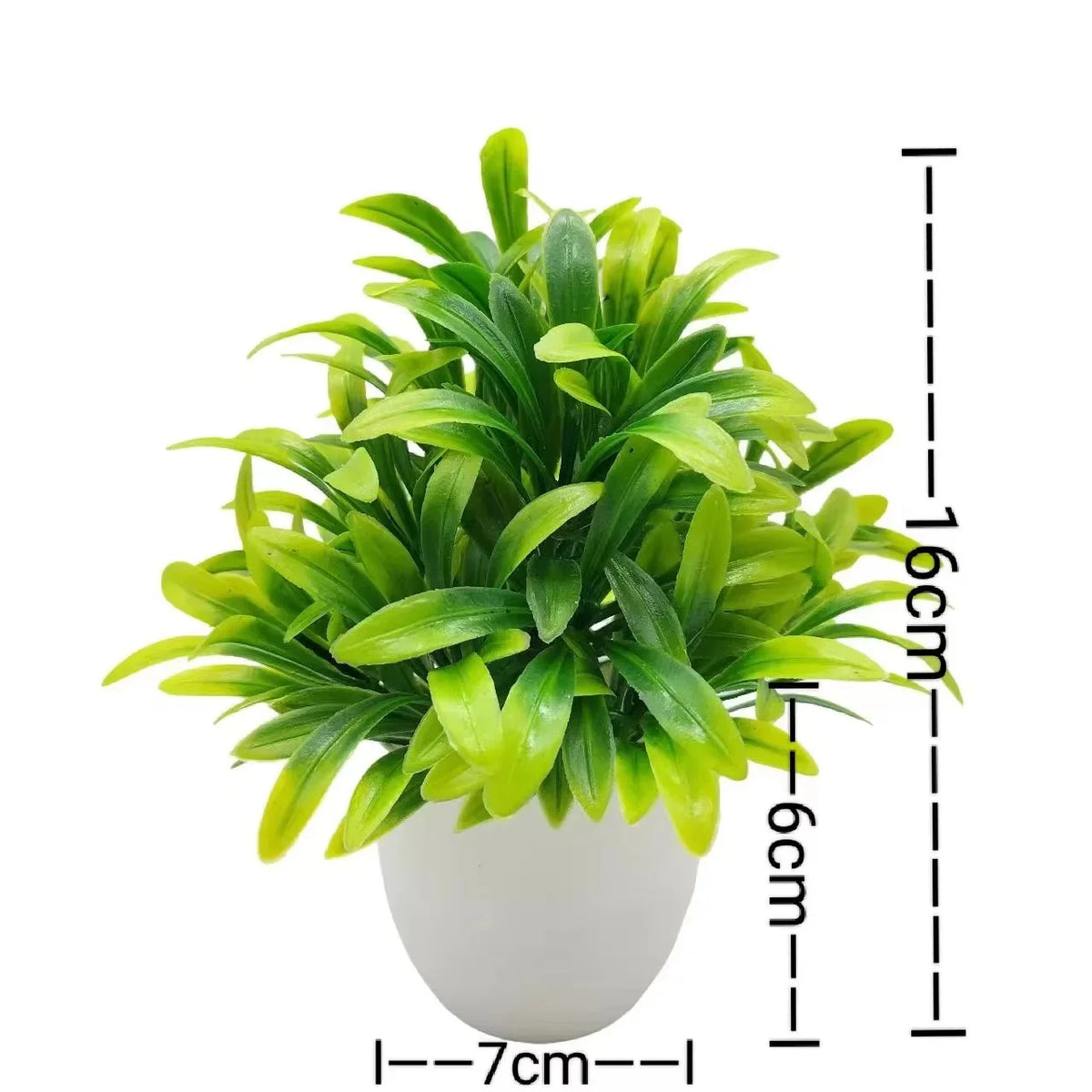 Artificial plant with narrow green grass-like blades in a white plastic pot