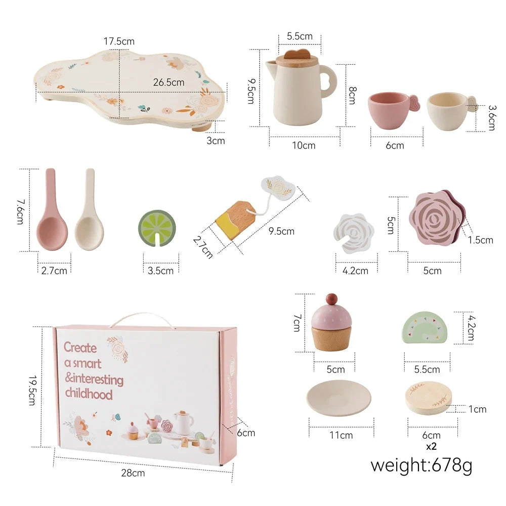 Wooden Montessori tea set parts with teapot, cups, spoons, and included box