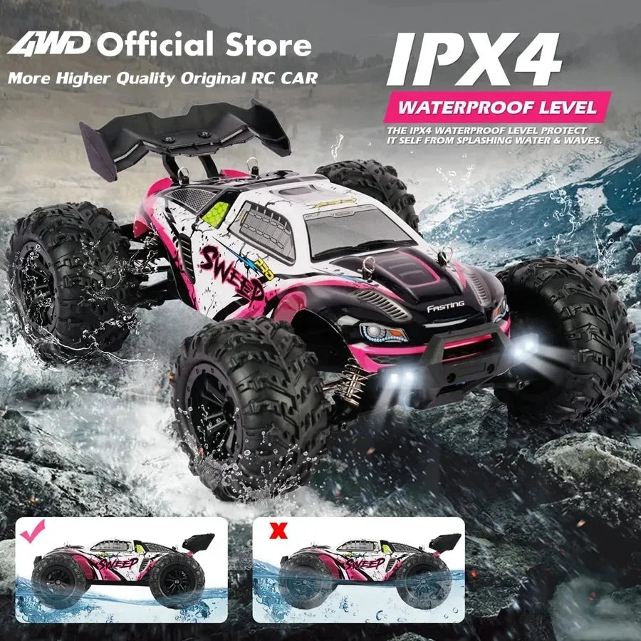 Pink and white 1:16 4x4 RC off-road truck splashing through muddy water