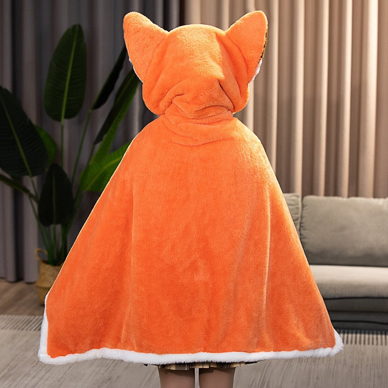 Orange fox blanket hoodie poncho with pointed fox-ear hood and white edge trim