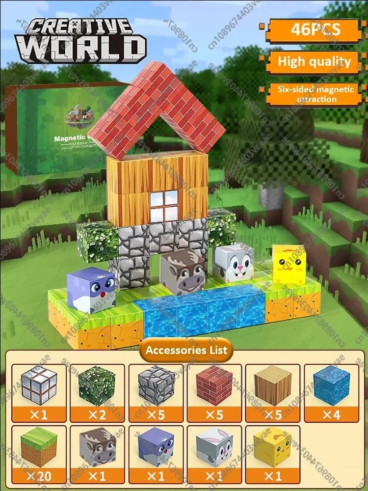 Magnetic cube building set packaging with outdoor scene and small animal accessory blocks