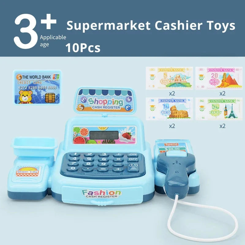 Blue supermarket cashier cash register set with scanner and extra play accessories