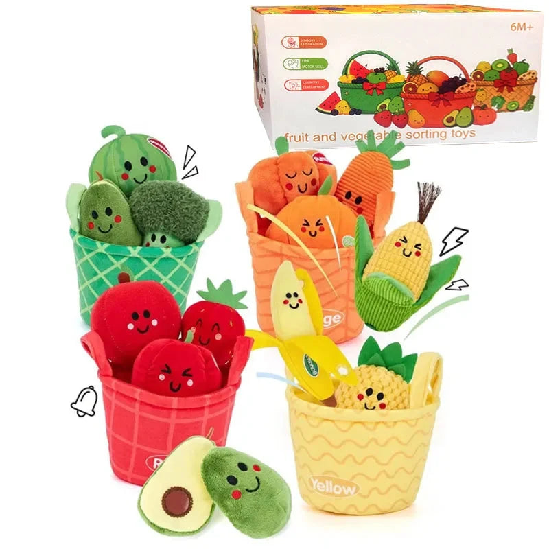 Soft plush sensory rattle set with smiling animal toys in fabric bins