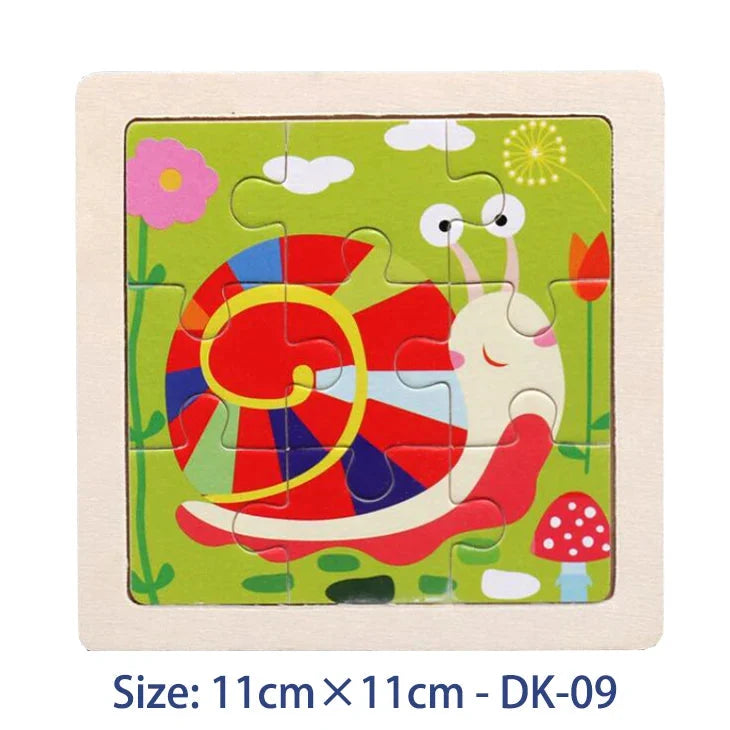 Kids wooden jigsaw puzzle with cartoon animal holding a red ring in framed board