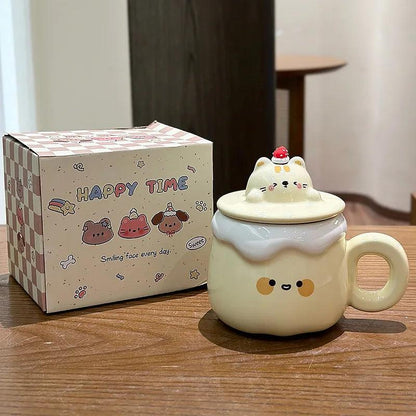 Ceramic yellow cat pudding mug with strawberry topper lid and side handle