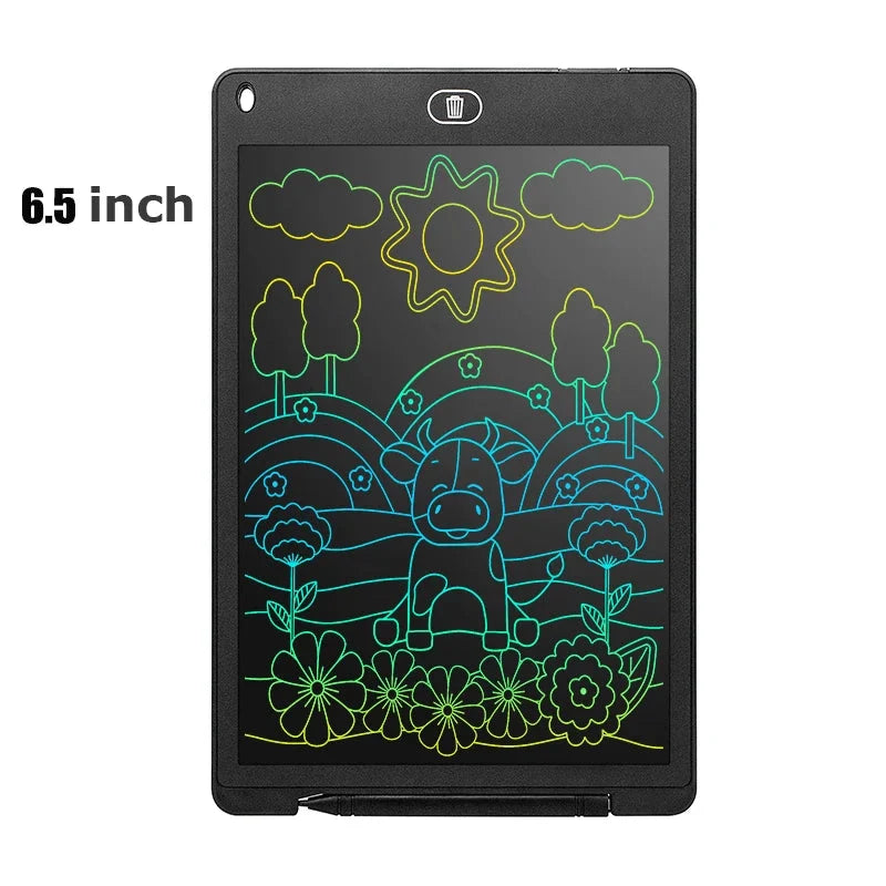 6.5-inch LCD writing tablet in black frame with colorful animal and flower doodles