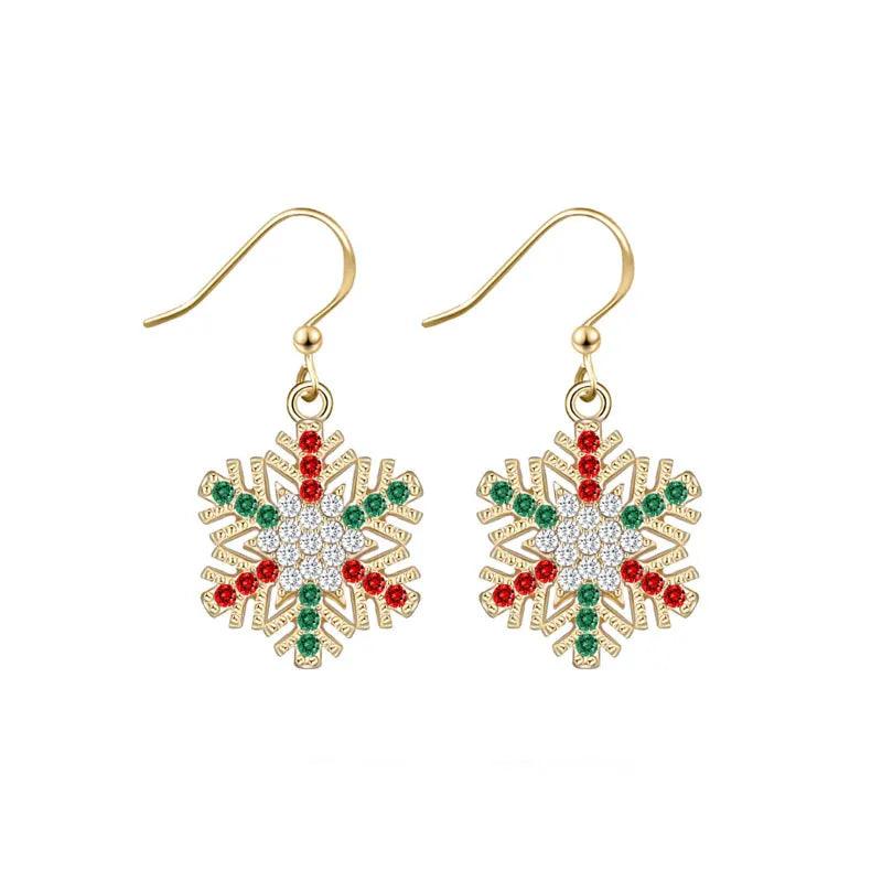 Multicolor snowflake drop earrings with gold hooks and red, green, and crystal accents