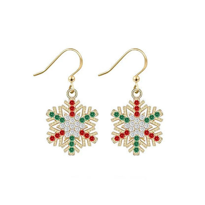 Multicolor snowflake drop earrings with gold hooks and red, green, and crystal accents