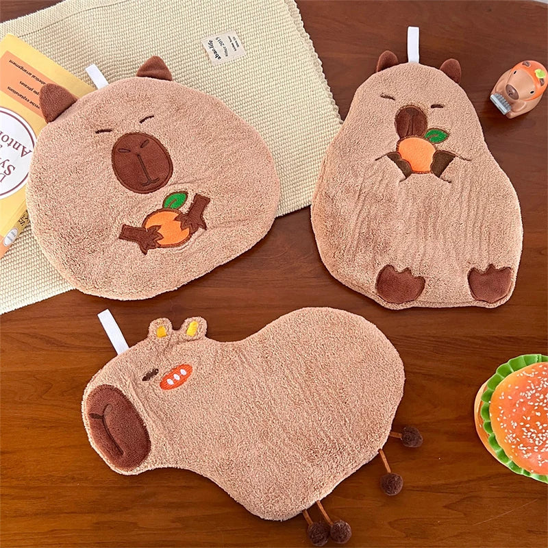 Capybara cotton hand towel set with hanging loops, round and belly shapes with stitched motifs