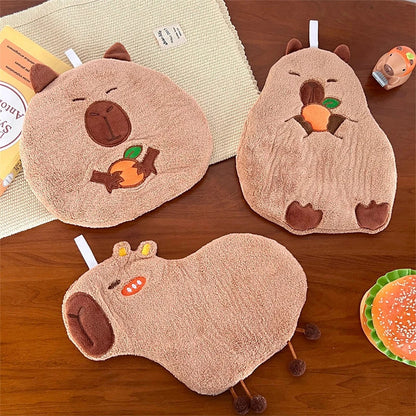 Capybara cotton hand towel set with hanging loops, round and belly shapes with stitched motifs