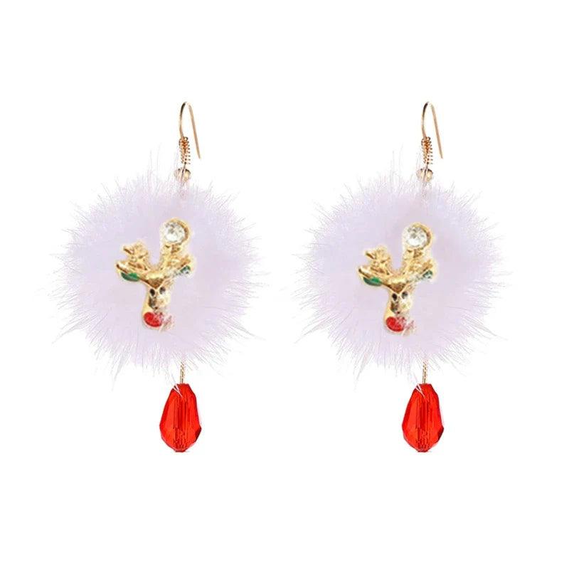Gold-tone angel reindeer drop earrings with white feather puff and red crystal drop