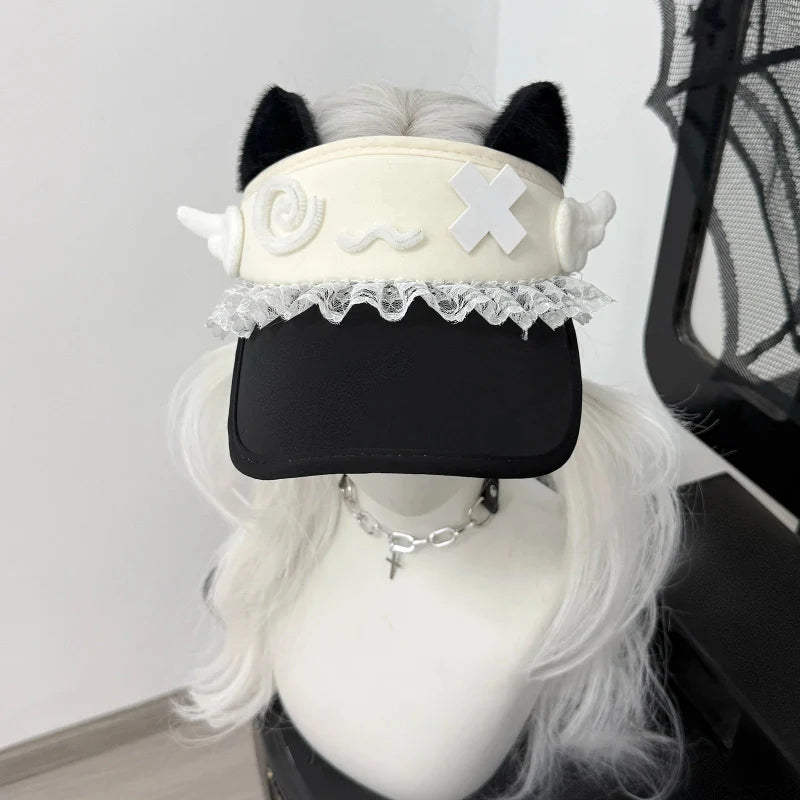 Black cat-ear visor with lace trim and white confused kitty face patch