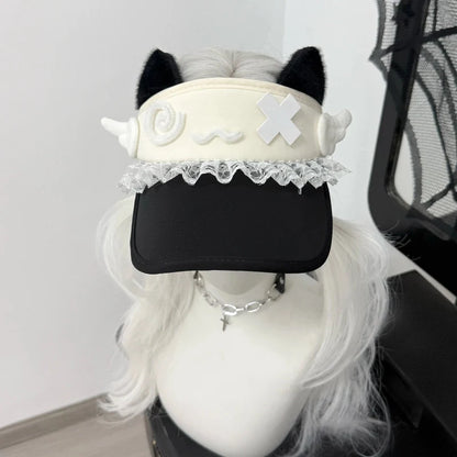Black cat-ear visor with lace trim and white confused kitty face patch