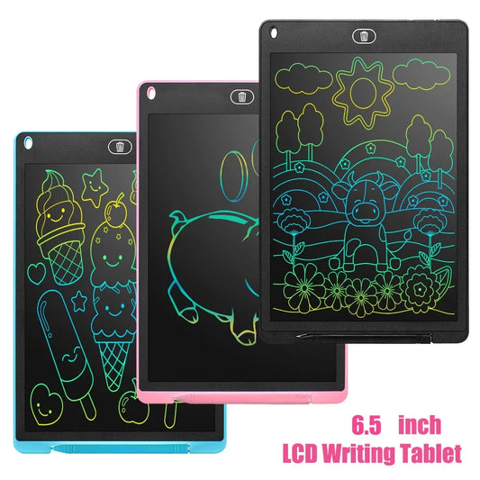 6.5-inch LCD writing tablets set in black, pink, and blue with glowing doodles