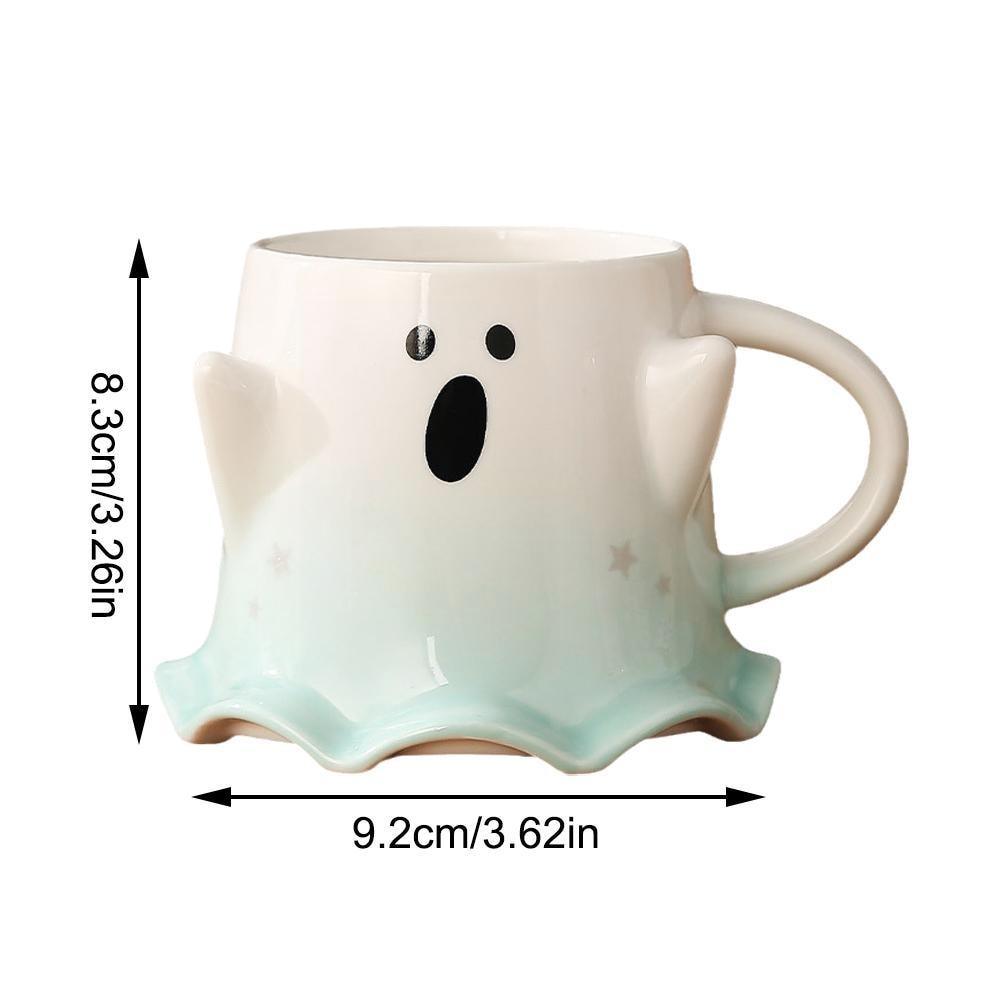 Ghost face mug size diagram with pale green gradient and star accents; side handle shown