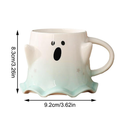 Ghost face mug size diagram with pale green gradient and star accents; side handle shown