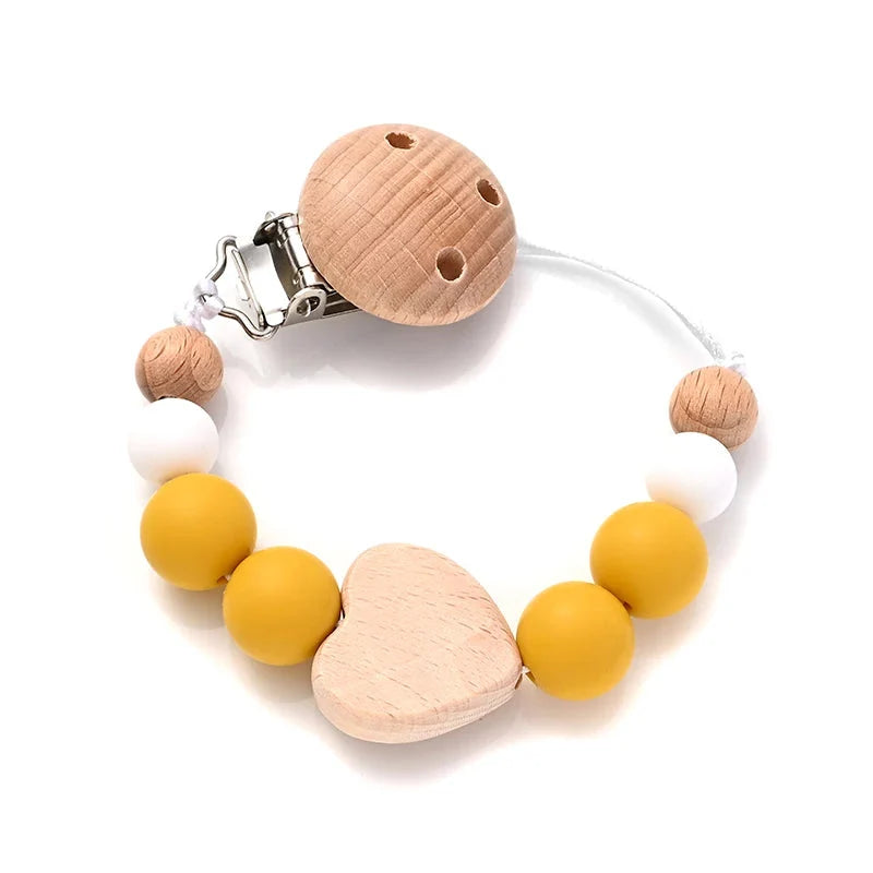 Baby pacifier clip with wooden heart bead and silicone yellow beads, round star teether
