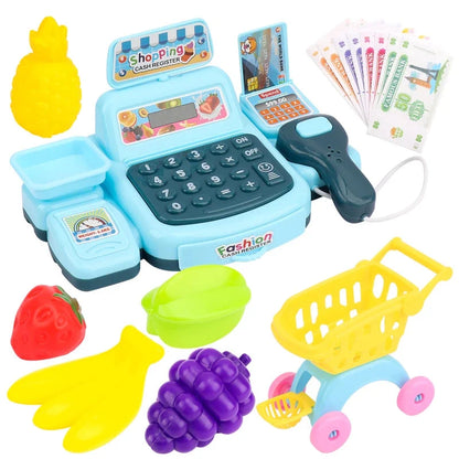 Blue cash register toy with colorful toy groceries, basket, and play banknotes