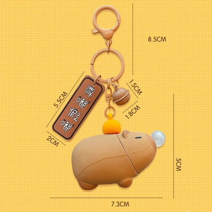 Capybara keychain dimensions view, squeeze plush body with clear bubble dome and ring