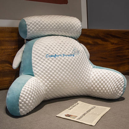 Light blue and white plush reading pillow with honeycomb texture and cuddle arms