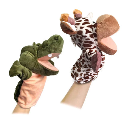 Three animal finger puppets: green crocodile, brown spotted giraffe, and white-and-brown zebra