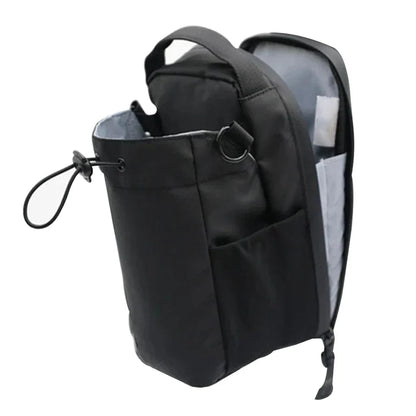 Black magnetic gym sling bag with front pocket and water bottle holder sleeve