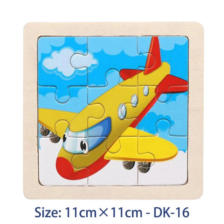 Kids wooden jigsaw puzzle with yellow airplane illustration, 11cm x 11cm