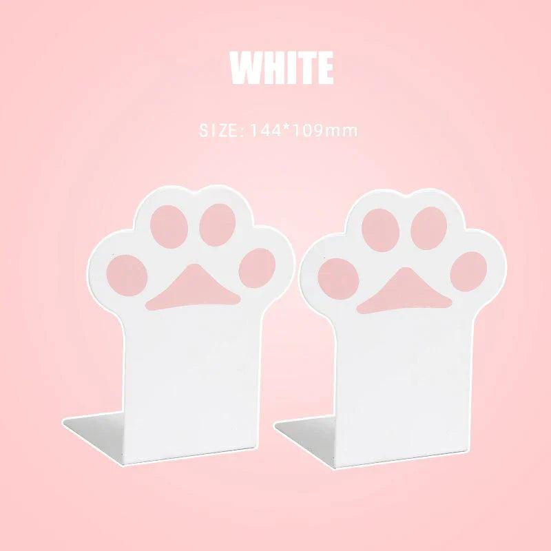 White cat paw bookends with paw print cutout, two-piece set for books