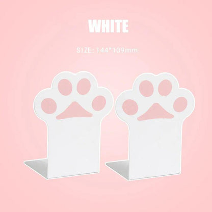 White cat paw bookends with paw print cutout, two-piece set for books