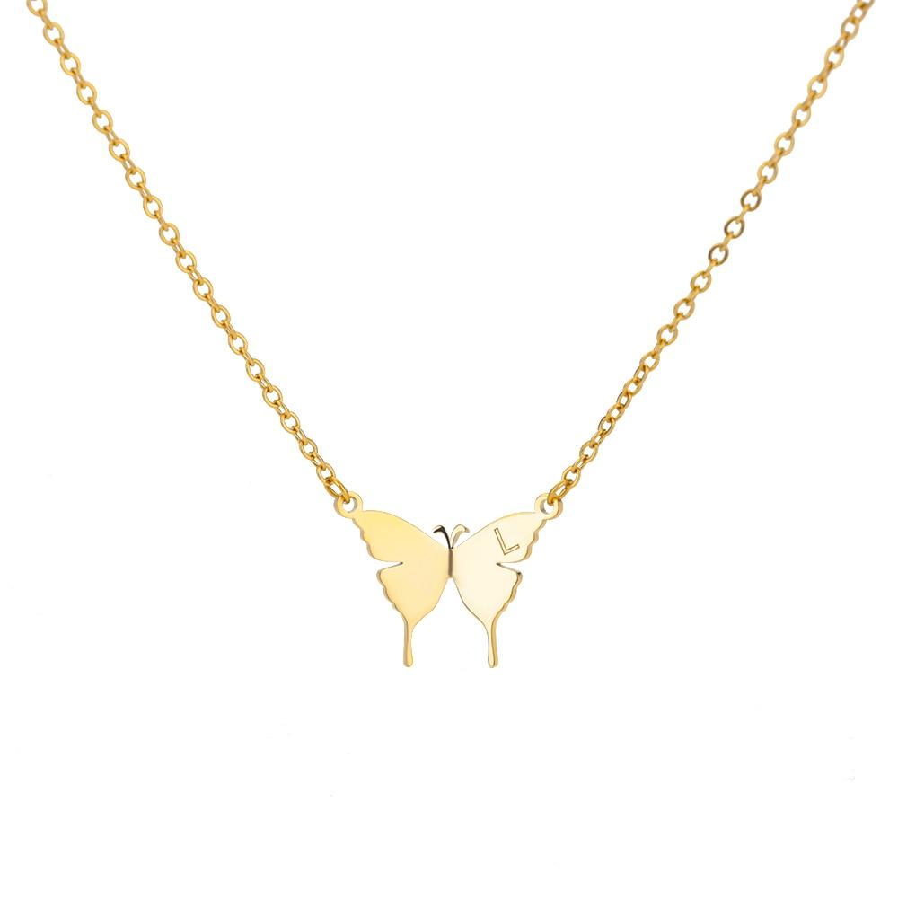 Butterfly initial letter necklace with two gold-tone butterfly pendants, letter L
