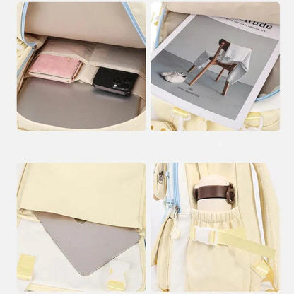 Kids backpack set interior showing folded panels and side pockets for organization