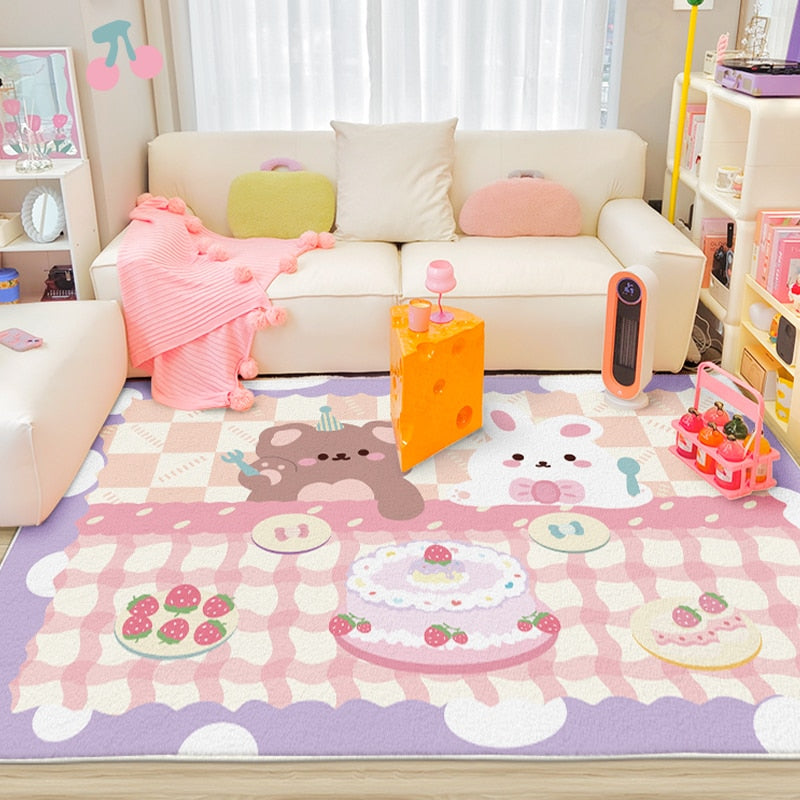 Pastel plush area rug with bear and fruit pattern, pink and lavender